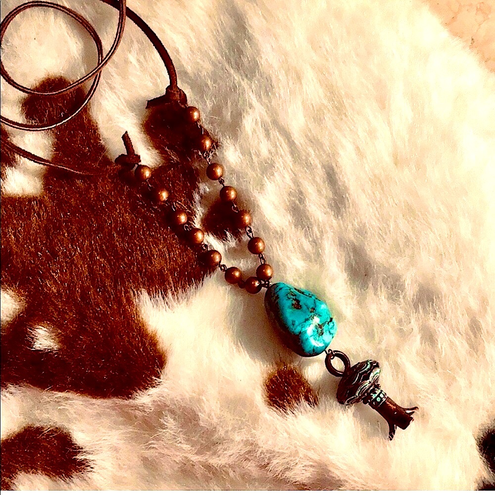 SQUASH BLOSSOM TURQUOISE & COPPER NECKLACE ON LONG LEATHER  HANDMADE  LAST 1